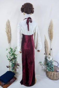 Vintage Maxi Dress - Mulled Wine And Crushed Velvet Halter - Size XS -KIKIS Clothing Shop vintage bohemian retro bohochic 1970s hippie preloved boho clothing all about audrey 124