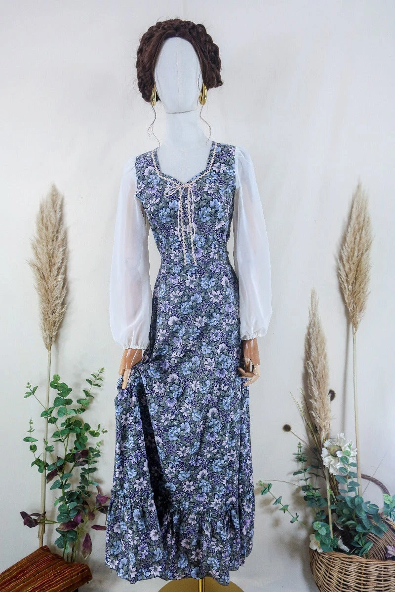 Vintage Maxi Dress - Ethereal Violet Flora With Sheer Sleeves - Size XXS/XS 1 Vintage Maxi Dress - Ethereal Violet Flora With Sheer Sleeves - Size XXS/XS