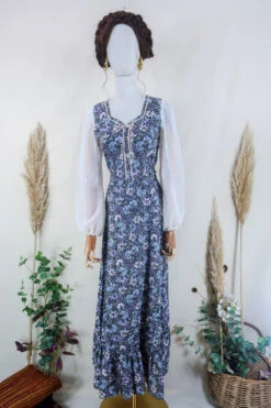 Vintage Maxi Dress - Ethereal Violet Flora With Sheer Sleeves - Size XXS/XS 6 Vintage Maxi Dress - Ethereal Violet Flora With Sheer Sleeves - Size XXS/XS -KIKIS Clothing Shop vintage bohemian retro bohochic 1970s hippie preloved boho clothing all about audrey 147