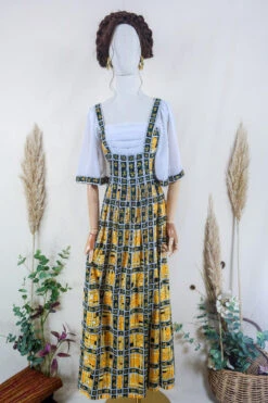 Vintage Maxi Dress - Bumble Bee Flora Prairie Dress - Size XS -KIKIS Clothing Shop vintage bohemian retro bohochic 1970s hippie preloved boho clothing all about audrey 150