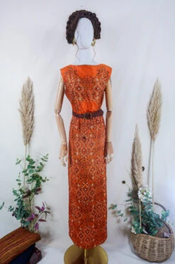 Vintage Co-Ord Set - 1960's Tangerine Mandala Jacket And Maxi Dress Set - Size L -KIKIS Clothing Shop vintage bohemian retro bohochic 1970s hippie preloved boho clothing all about audrey 158