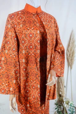 Vintage Co-Ord Set - 1960's Tangerine Mandala Jacket And Maxi Dress Set - Size L -KIKIS Clothing Shop vintage bohemian retro bohochic 1970s hippie preloved boho clothing all about audrey 159