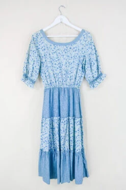 Vintage Midi Dress - Periwinkle & Stone Tiered Prairie Dress - Size S/M -KIKIS Clothing Shop vintage bohemian retro bohochic 1970s hippie preloved boho clothing all about audrey 184