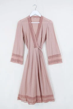 Vintage Wrap Dress - Dusty Rose Lace Midi - Size S