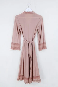 Vintage Wrap Dress - Dusty Rose Lace Midi - Size S -KIKIS Clothing Shop vintage bohemian retro bohochic 1970s hippie preloved boho clothing all about audrey 215