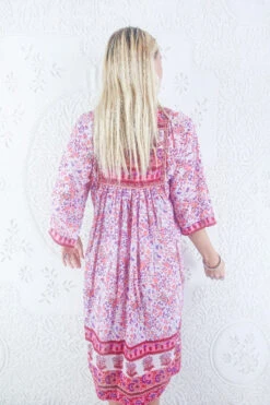 Vintage Indian Block Print Pink Cotton Midi Dress - Size XS -KIKIS Clothing Shop vintage pink cotton indian midi block print smock dress all about audrey 1