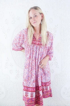 Vintage Indian Block Print Pink Cotton Midi Dress - Size XS