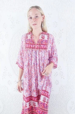 Vintage Indian Block Print Pink Cotton Midi Dress - Size XS -KIKIS Clothing Shop vintage pink cotton indian midi block print smock dress all about audrey 3