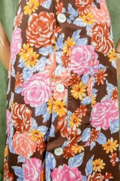 Vintage Midi Dress - Retro Patchwork Earth & Pink Floral - Size M/L -KIKIS Clothing Shop vintage prairie cottagecore 1970s bohemian vintage true vintage hippie maxi midi and mini dresses sourced by all about audrey 40