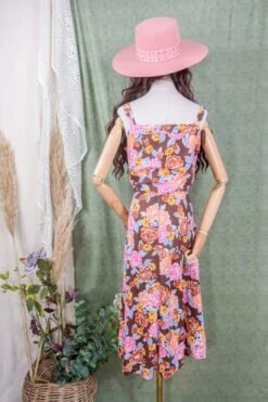 Vintage Midi Dress - Retro Patchwork Earth & Pink Floral - Size M/L -KIKIS Clothing Shop vintage prairie cottagecore 1970s bohemian vintage true vintage hippie maxi midi and mini dresses sourced by all about audrey 42