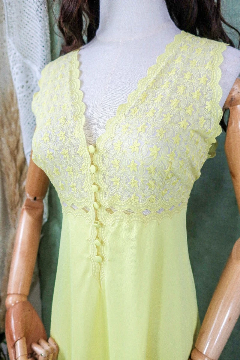 Vintage Mini Dress - Lemon Yellow Lace Slip - Size XS/S 2 Vintage Mini Dress - Lemon Yellow Lace Slip - Size XS/S - Image 2