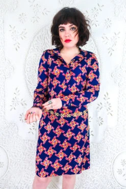 Vintage Midi Dress - Indigo Blue Geometric Print - Size S -KIKIS Clothing Shop vintage retro bohemian hippiechic dress midi 70s groovy all about audrey 102