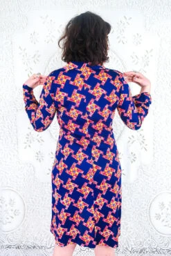 Vintage Midi Dress - Indigo Blue Geometric Print - Size S -KIKIS Clothing Shop vintage retro bohemian hippiechic dress midi 70s groovy all about audrey 103