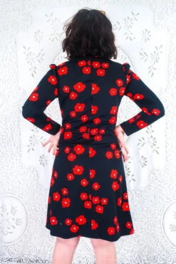 Vintage Midi Dress - Jet Black & Poppy Red Floral - Size S -KIKIS Clothing Shop vintage retro bohemian hippiechic dress midi bold groovy floral all about audrey 109