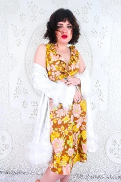 Vintage Slip Dress - Brown Sugar, Blush & Sunny Floral - Size S/M -KIKIS Clothing Shop vintage retro bohemian hippiechic dress midi earth tone 70s groovy floral all about audrey 113