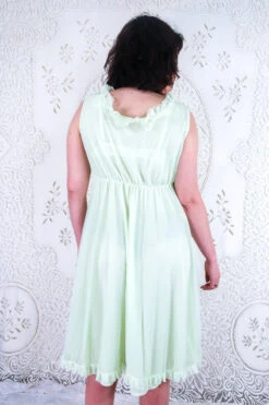 Vintage Mini Dress - Pistachio Pastel Green Frill - Size S/M -KIKIS Clothing Shop vintage retro bohemian hippiechic dress midi maxi 70s groovy floral all about audrey 30 ddfe6589 ba11 4a1b bdab d00021889af7