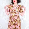 Vintage Slip Dress - Mocha Brown & Blush Retro Floral - Size S/M