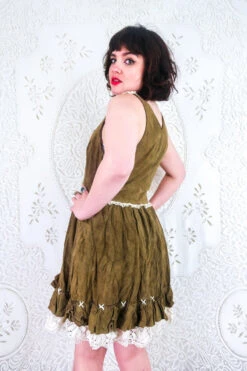 Vintage Dirndl Dress - Embroidered Chestnut Brown Suede - Size S/M -KIKIS Clothing Shop vintage retro bohemian hippiechic dress mini embroidered suede dirndl folk all about audrey 125