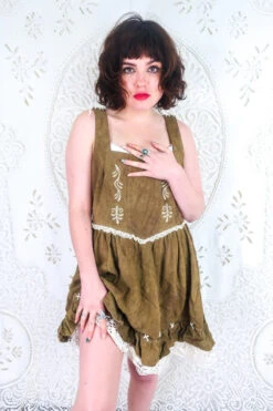 Vintage Dirndl Dress - Embroidered Chestnut Brown Suede - Size S/M