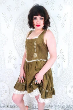 Vintage Dirndl Dress - Embroidered Chestnut Brown Suede - Size S/M -KIKIS Clothing Shop vintage retro bohemian hippiechic dress mini embroidered suede dirndl folk all about audrey 128