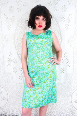 Vintage Shift Mini Dress - Aqua Blue 60's Mod Floral - Size S/M -KIKIS Clothing Shop vintage retro bohemian hippiechic dress mini mod shift 60s 70s groovy floral all about audrey 104